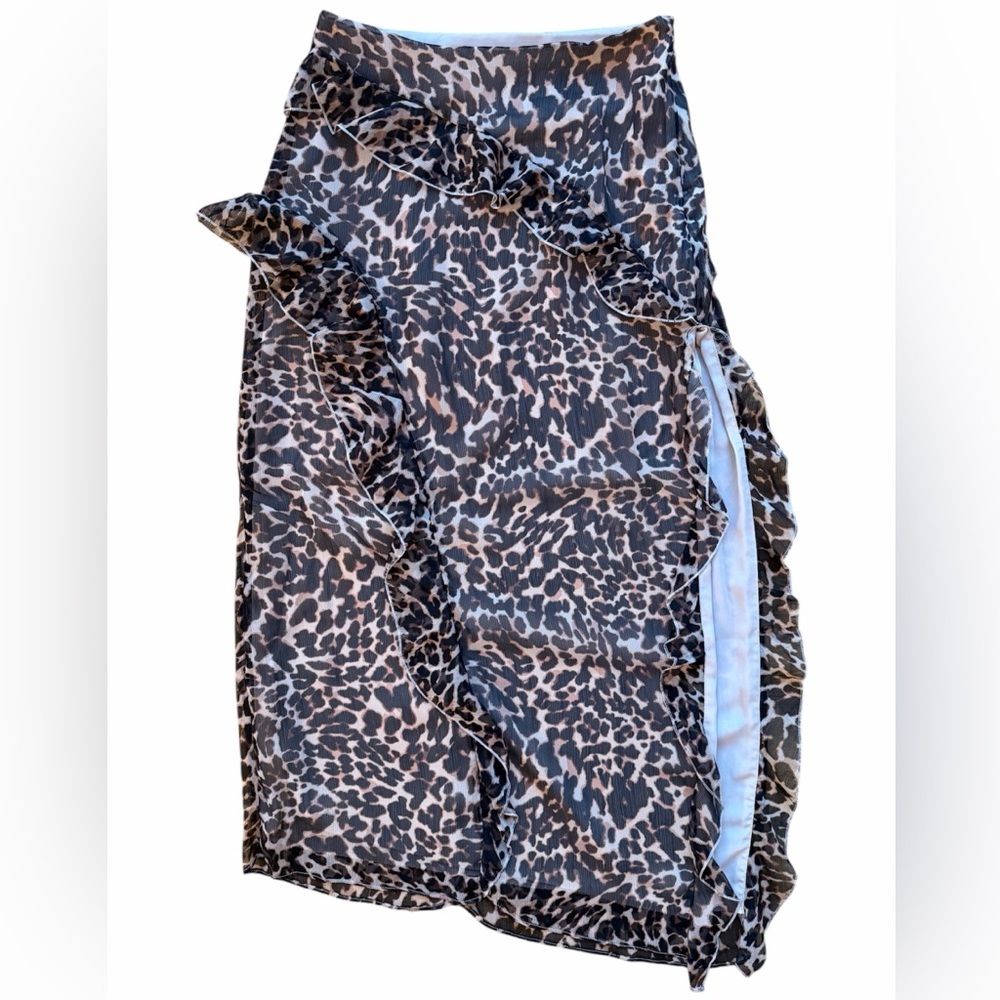 Future Collective Leopard Print Midi Skirt Size 4/S Ruffle Side Slit Trendy